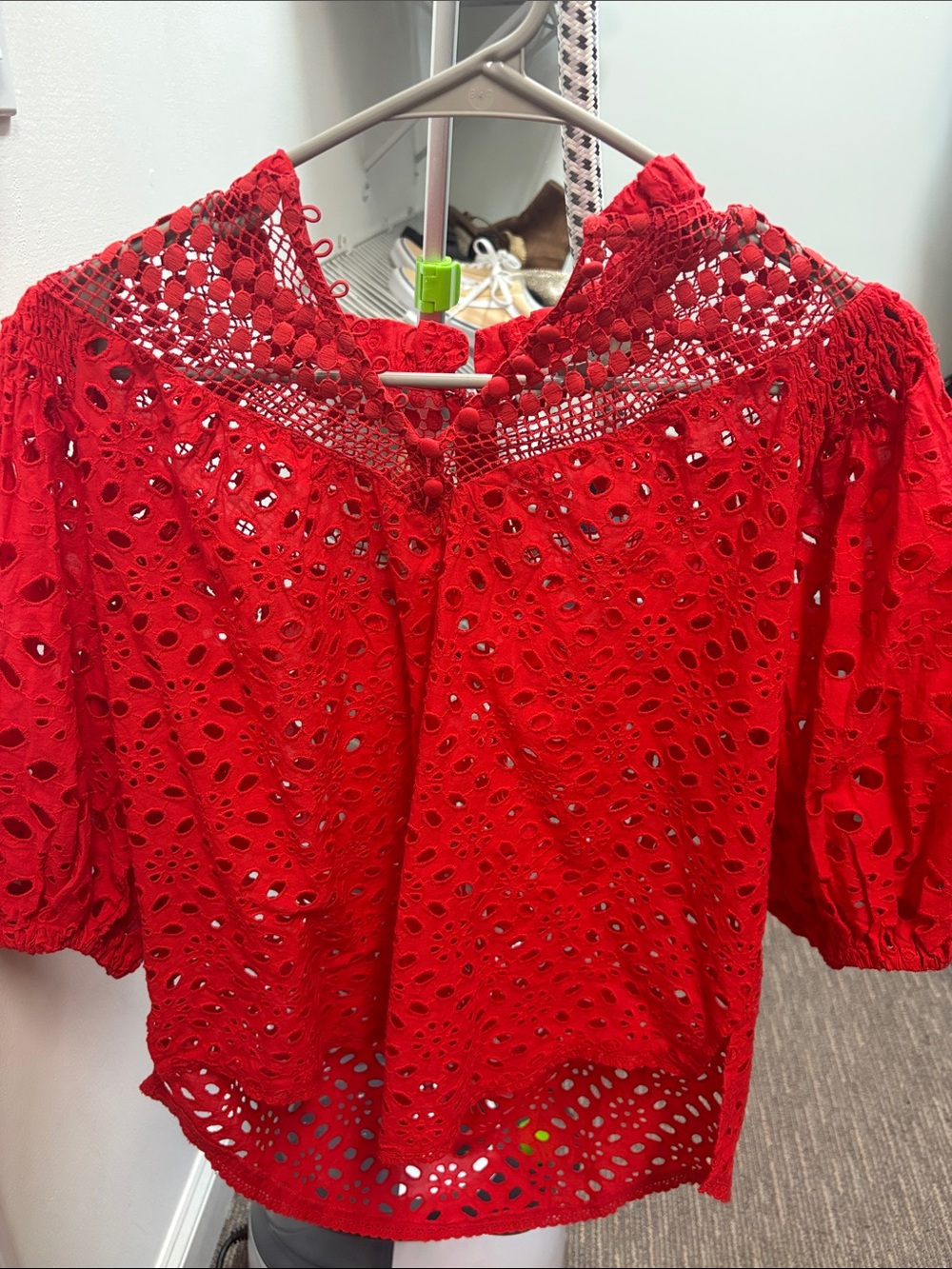 All saints Red Eyelet Lace Puff-Sleeve Women's Top